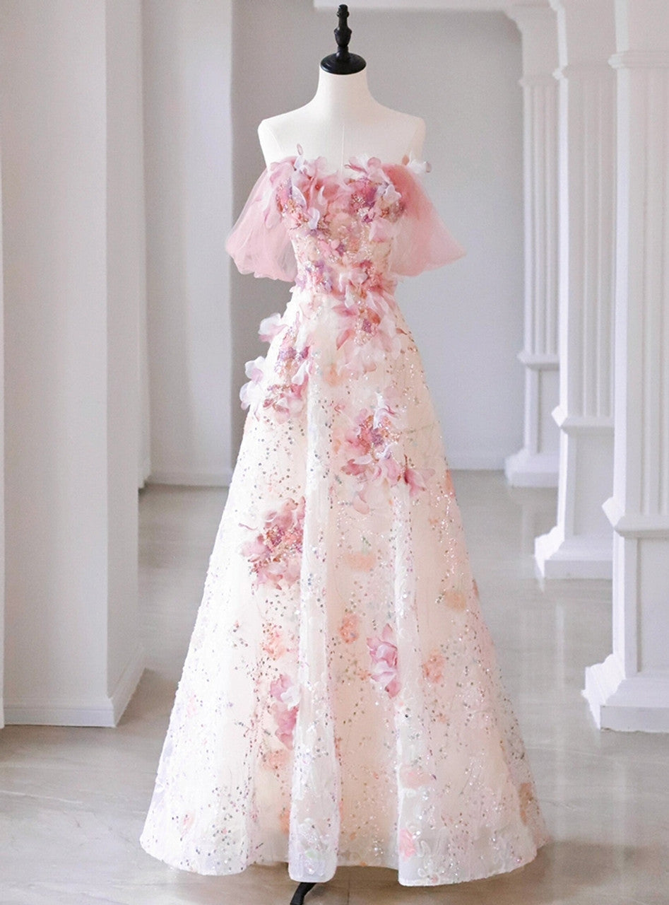 A Line Off the Shoulder Pink Sequins 3D Flower Tulle Long Prom Dress DP1432