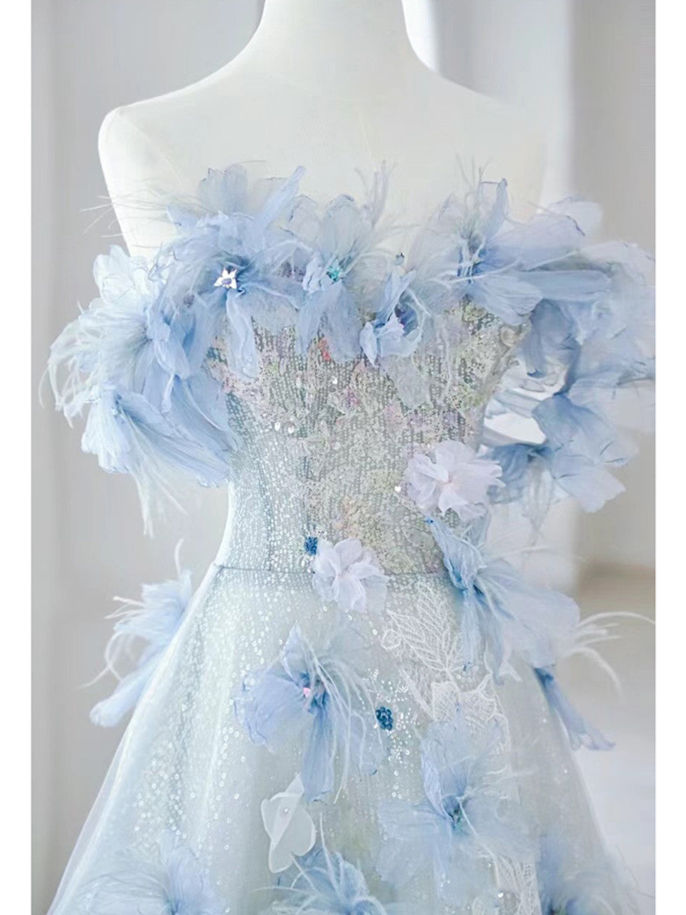Blue A Line Off-the-shoulder Flower Sequins Tulle Prom Dress DP819