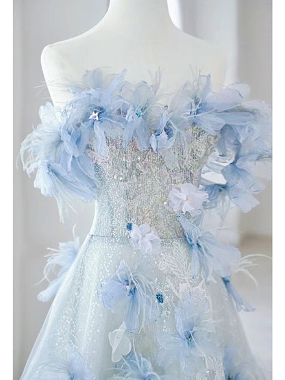 Blue A Line Off-the-shoulder Flower Sequins Tulle Prom Dress DP819
