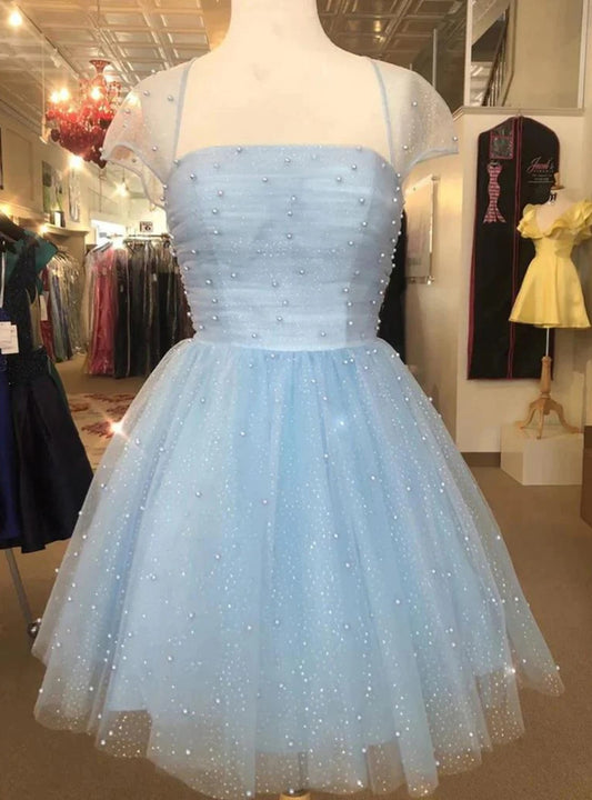 Blue A Line Square Pearls Sequins Tulle Homecoming Dress DP797