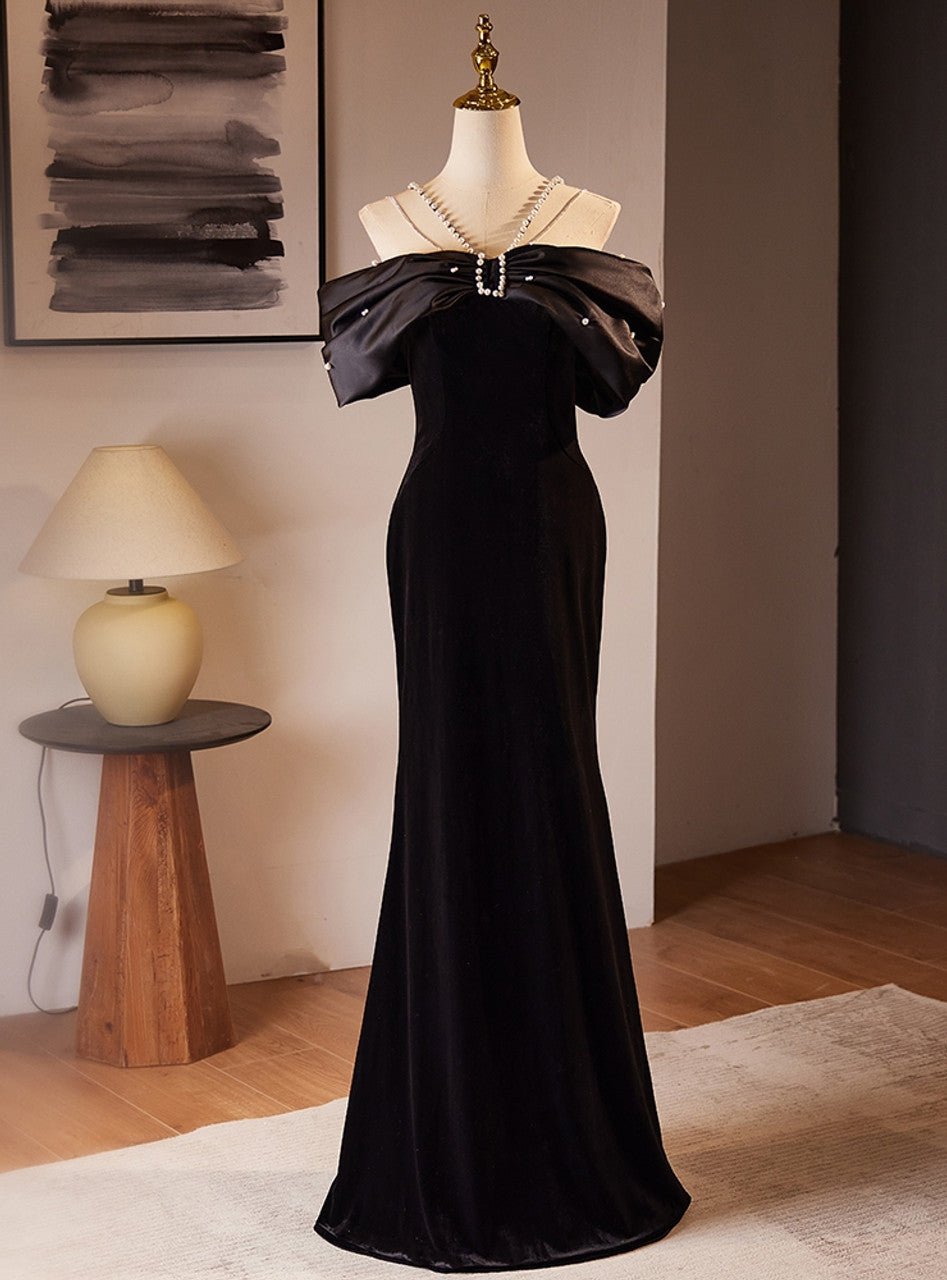 Black Mermaid Off-the-shoulder Velvet Pearls Prom Dress DP984