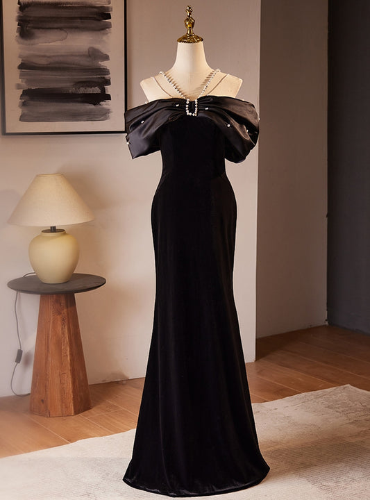 Black Mermaid Off-the-shoulder Velvet Pearls Prom Dress DP984