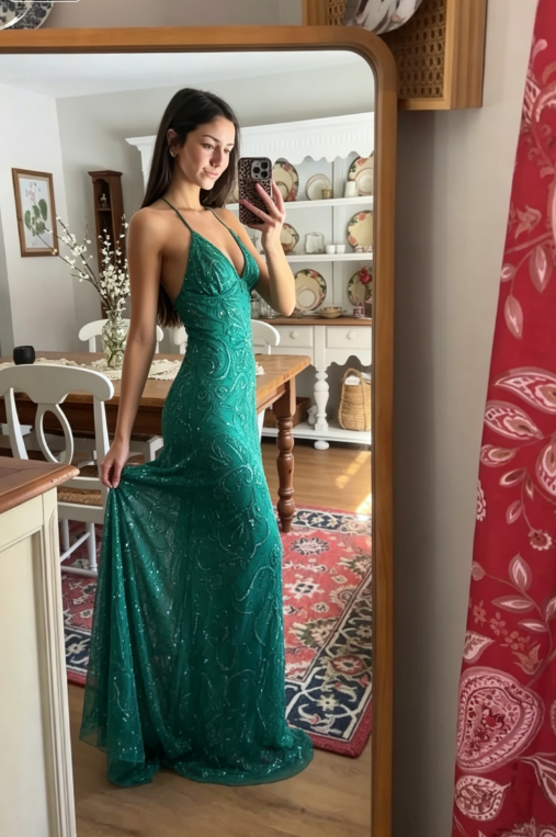 Green Sheath Spaghetti Strap Exquisite Beaded Tulle Prom Dress Graduation Prom Dress DP6660