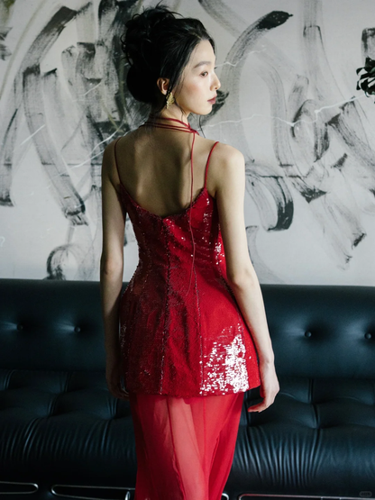Shiny Mermaid Spaghetti Strap Red Sequin Chiffon Long Party Dress Prom Dress DP2536