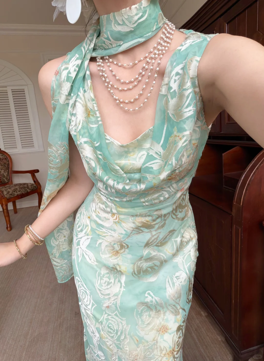 Light Green Mermaid Rose Print Chiffon Long Prom Dress Evening Dress DP5650
