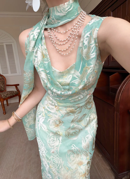 Light Green Mermaid Rose Print Chiffon Long Prom Dress Evening Dress DP5650