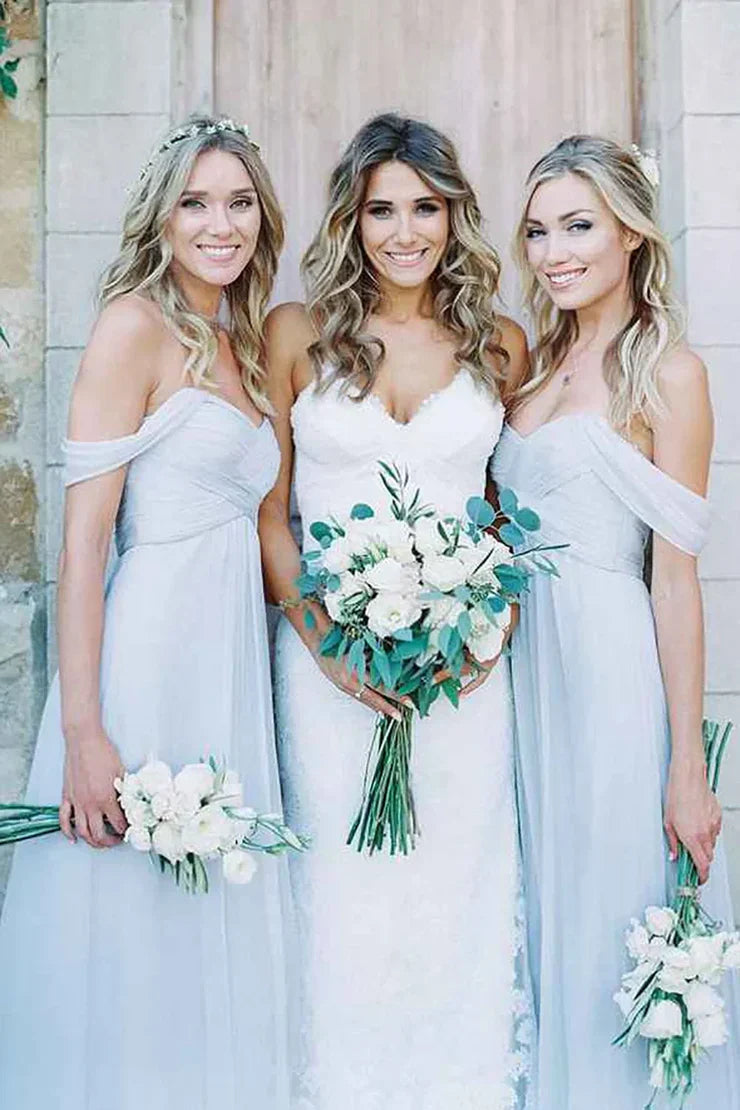 Light Blue A-Line Off the Shoulder Long Chiffon Boho Bridesmaid Dress DP5541