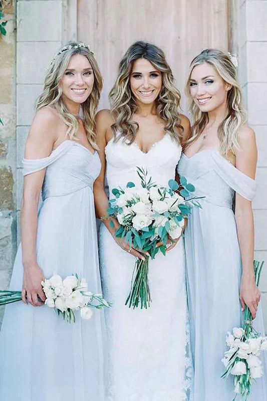 Light Blue A-Line Off the Shoulder Long Chiffon Boho Bridesmaid Dress DP5541
