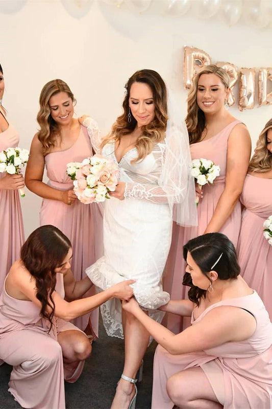 Pink One Shoulder Faux-Wrap Satin Long Bridesmaid Dress DP5555