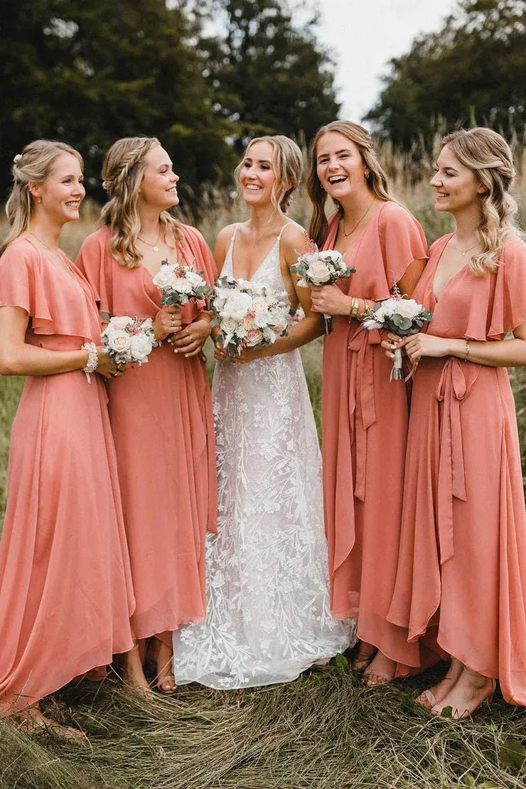 Simple A-Line Coral Chiffon Long Bridesmaid Dresses DP5549
