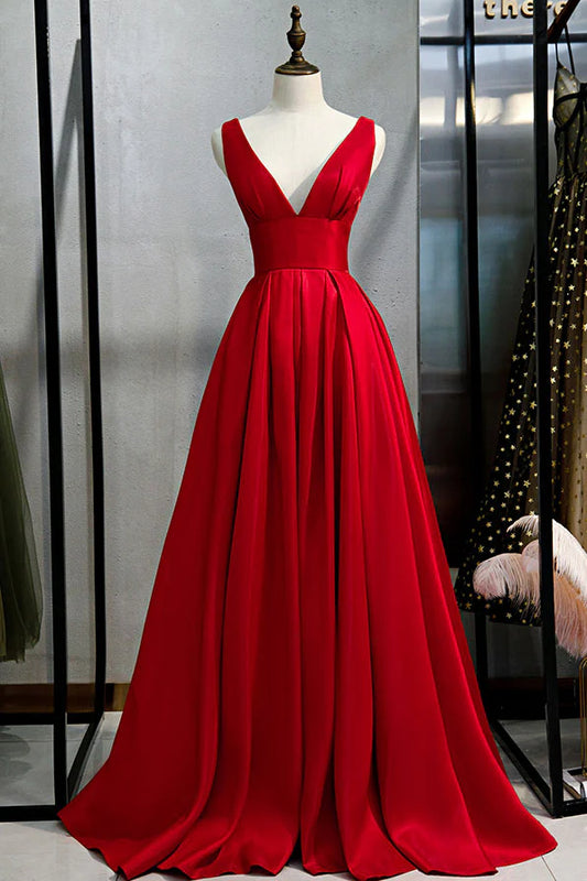 Simple Red V Neck Satin Long Prom Dress Evening Dress DP1296