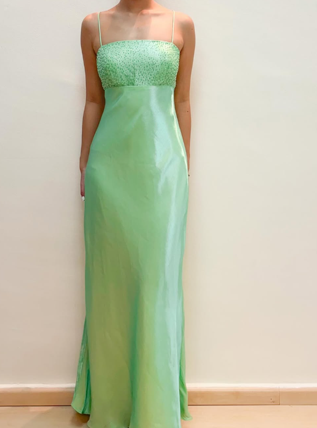 Stunning Sheath Spaghetti Strap Beaded Green Satin Prom Dress Evening Dress DP1762