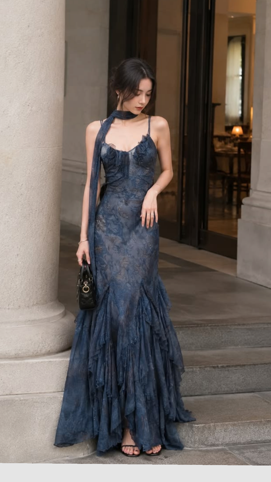 Dark Blue Mermaid Spaghetti Strap Print Chiffon Long Prom Dress Evening Dress DP7857