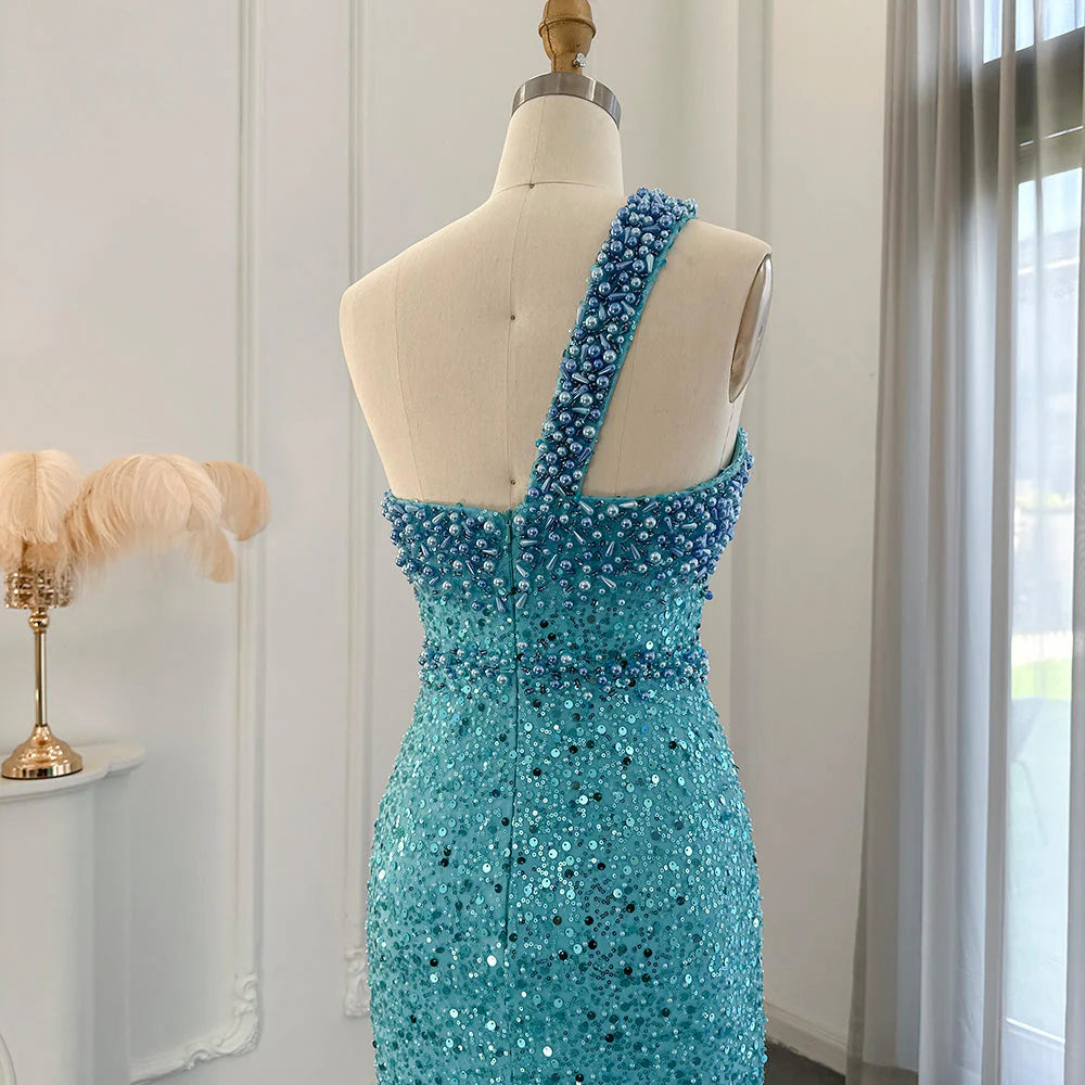 Luxury Turquoise One Shoulder Mermaid Sequins Evening Dress Prom Dress DP957