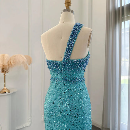 Luxury Turquoise One Shoulder Mermaid Sequins Evening Dress Prom Dress DP957