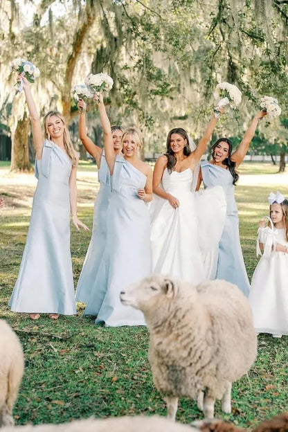 Light Blue One Shoulder Satin Sheath Long Bridesmaid Dresses DP5567