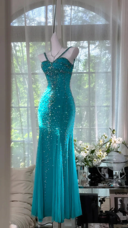 Peacock Blue Mermaid Spaghetti Strap Exquisite Beaded Sequin Chiffon Prom Dress 21th Birthday Dress DP3901
