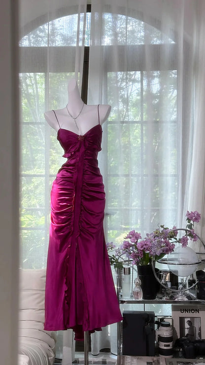 Elegant Mermaid Spaghetti Strap Pleated Satin Prom Dress Date Dress Wedding Guest Dress DP3803