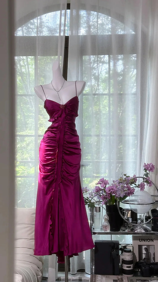 Elegant Mermaid Spaghetti Strap Pleated Satin Prom Dress Date Dress Wedding Guest Dress DP3803