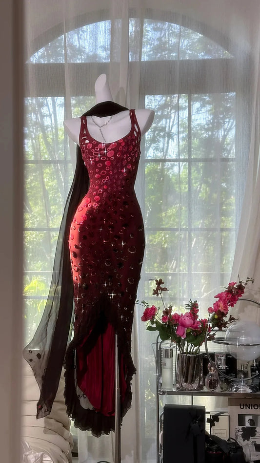 Exquisite Mermaid Straps Beaded Burgundy Chiffon Prom Dress Wedding Guest Dress DP3807