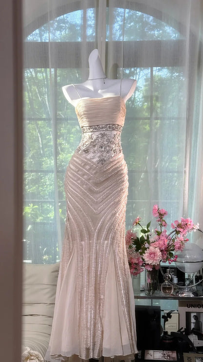Light Apricot Mermaid Spaghetti Strap Beaded Chiffon Prom Dress Wedding Guest Dress DP3804