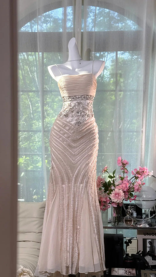 Light Apricot Mermaid Spaghetti Strap Beaded Chiffon Prom Dress Wedding Guest Dress DP3804