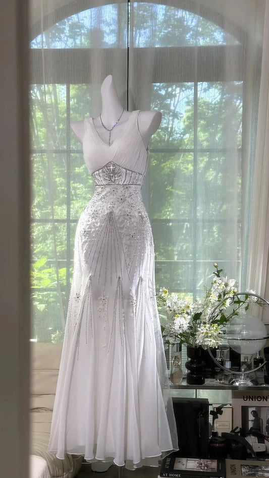 Gentle Mermaid V Neck Shiny Rhinestone White Chiffon Prom Dress Date Dress DP3802