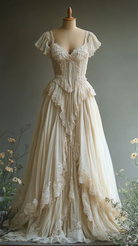Vintage A Line Sweetheart Neck Lace Chiffon Tulle Prom Dress Evening Dress DP1902