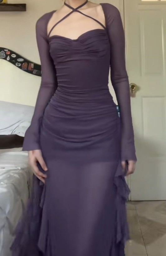 Grape Purple A Line Long Sleeve Ruffle Tulle Homecoming Dress Date Dress Outfits DP3105
