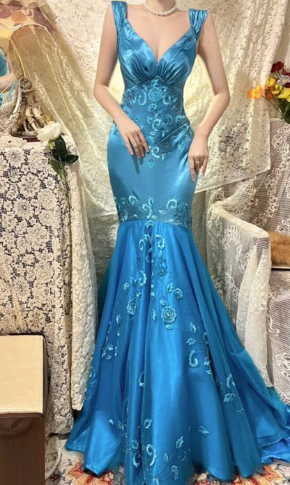 Vintage Lake Blue Mermaid V Neck Beaded Satin Prom Dress DP4934