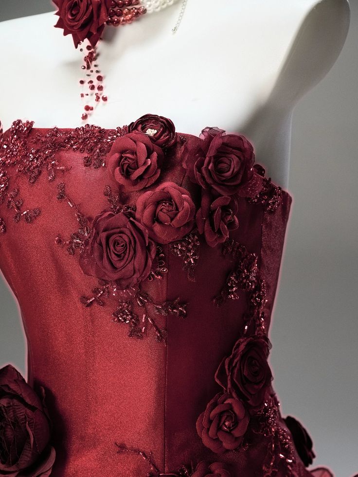 Princess Burgundy Ball Gown 3D Floral Beaded Ruffle Organza Prom Dress 16th Birthday Dress DP5392