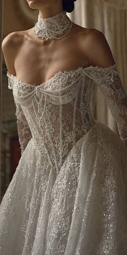 Classic Ball Gown Long Sleeve Pearl Lace Wedding Dress Prom Dress DP3824