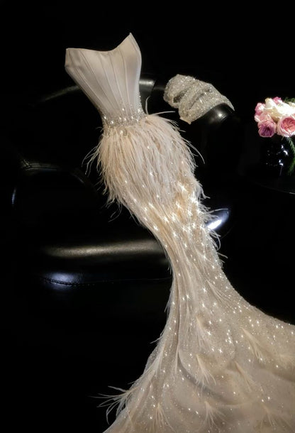 Exquisite Feather Beaded Mermaid Strapless Ivory Satin Long Prom Dresses Evening Gowns Party Dress DP3046