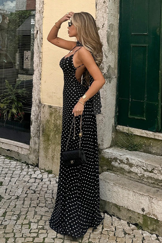 Polka Dot Sexy A Line Spaghetti Strap Black-white Chiffon Prom Dress Evening Dress DP5579