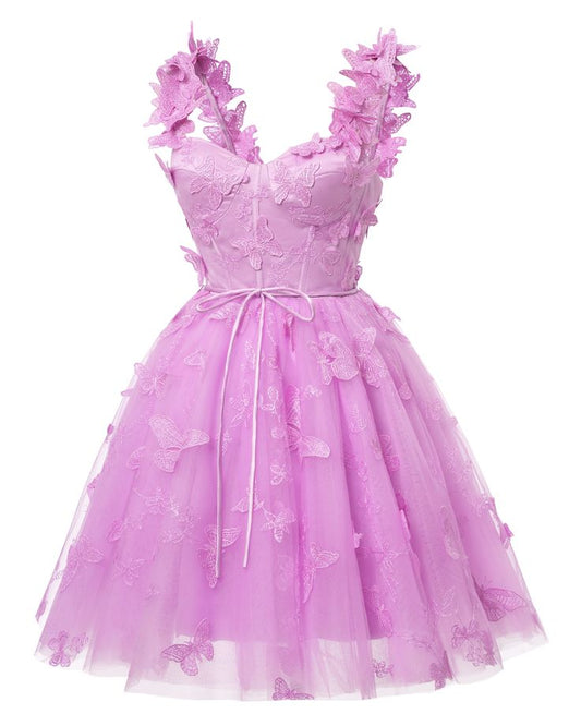 A Line Spaghetti strap Butterfly Lace Applique Tulle Mini Short Prom Dresses DP755