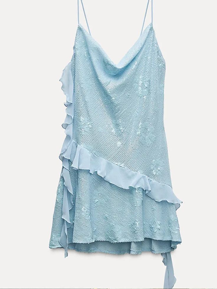 Blue A Line Spaghetti Strap Ruffle Chiffon Sequin Mini Homecoming Dress DP2760