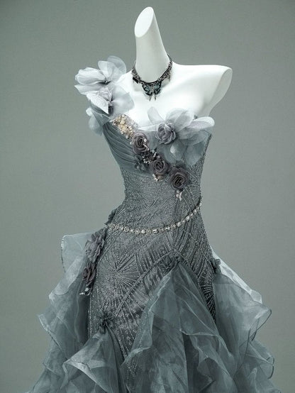 Princess Grey Ball Gown 3D Floral Beaded Ruffle Organza Prom Dress 16th Birthday Dress DP5391
