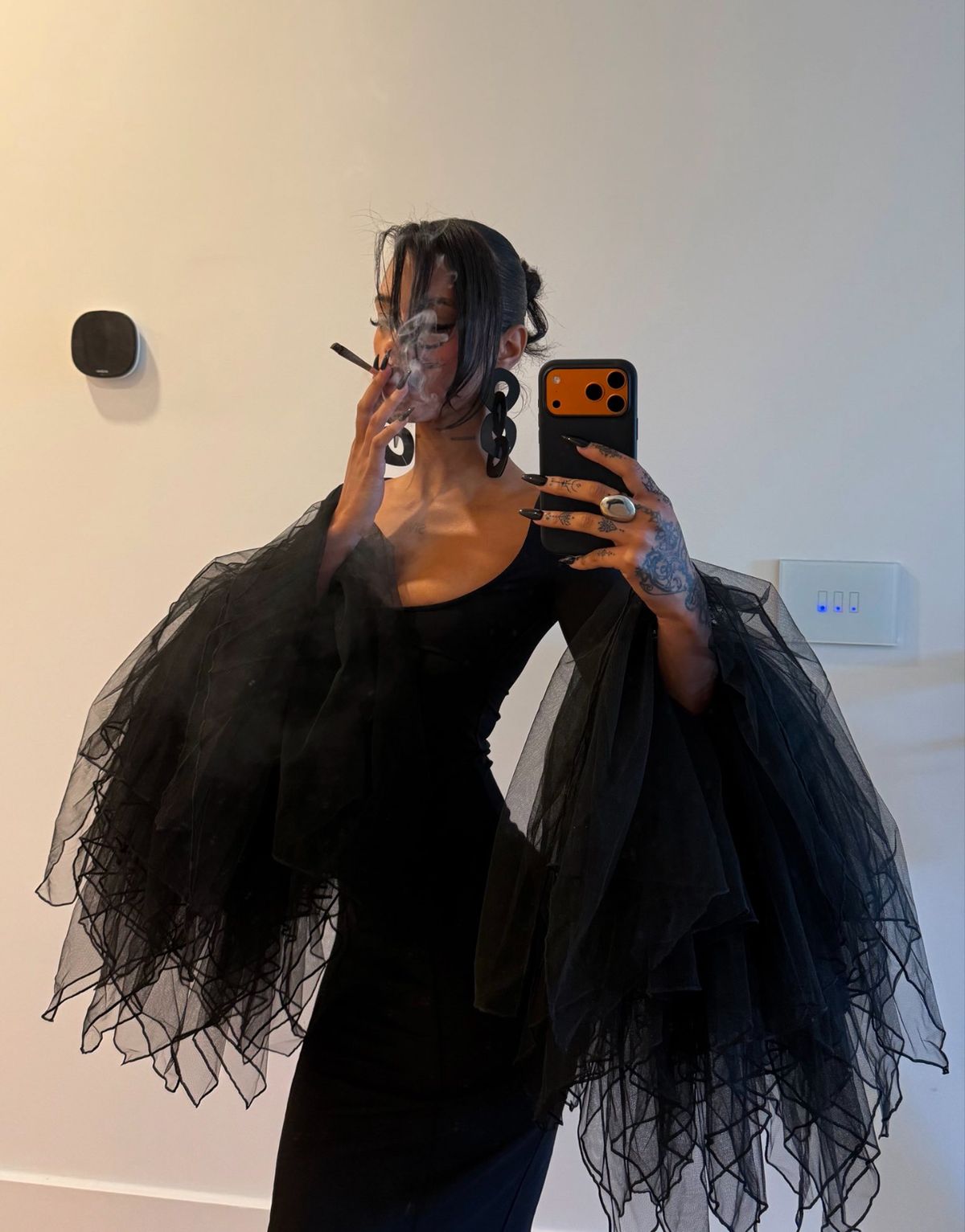 Unique Sheath Long Sleeve Black Tulle Satin Prom Dress Evening Dress DP7836