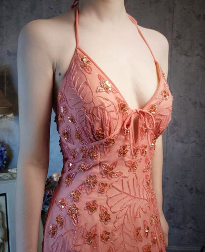 Stunning Sheath Halter Beaded Pink Chiffon Open Back Party Dress Evening Dress DP2366