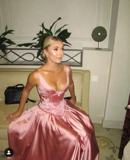 Elegant Pink A Line V Neck Appliques Satin Prom Dress Evening Dress DP1210