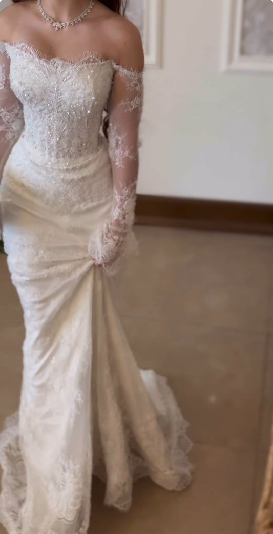 Exquisite Mermaid Long Sleeve White Sequin Lace Wedding Dress DP4353