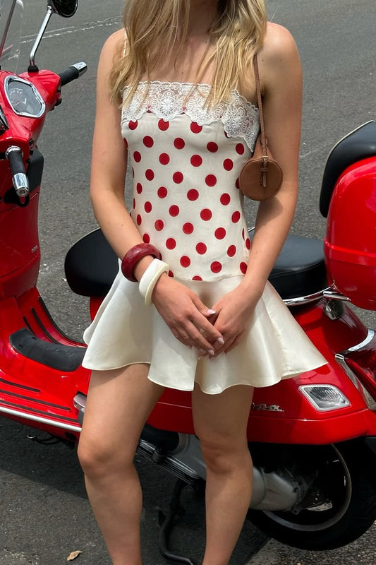 Cute A Line Straps Red Polka Dot Satin Slip Mini Dress Homecoming Dress DP5364