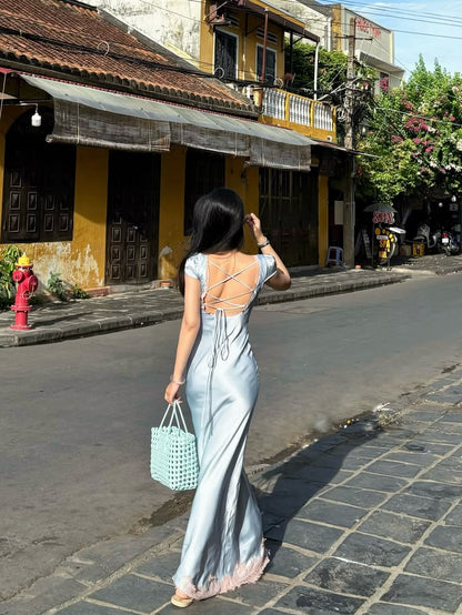 Blue Sheath Satin Backless Long Prom Dress Date Dress DP7025