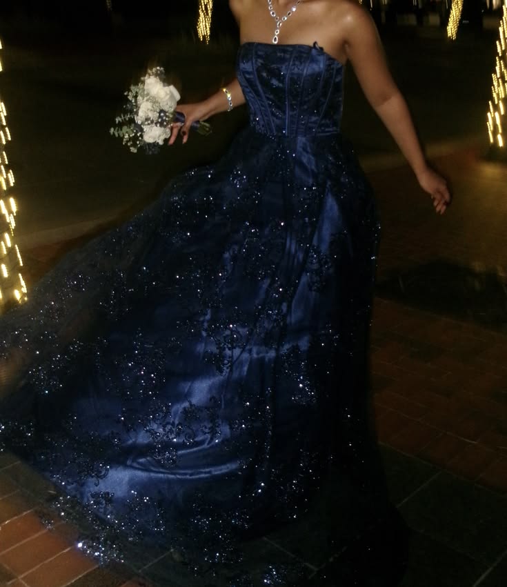 Pretty Navy Blue A Line Strapless Appliques Tulle Prom Dress Evening Dress DP7504