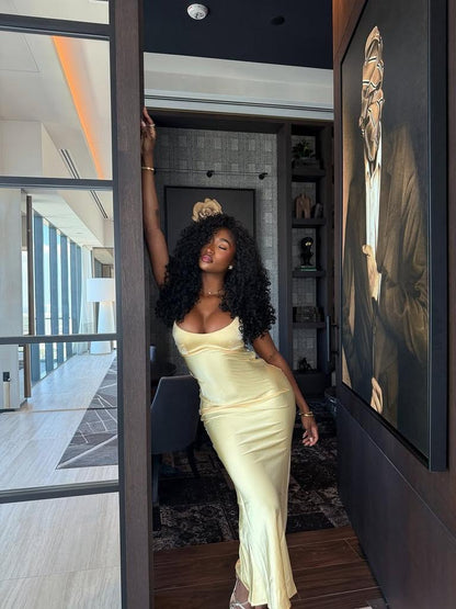 Simple Yellow Sheath Spaghetti Strap Satin Backless Long Prom Dress DP7774