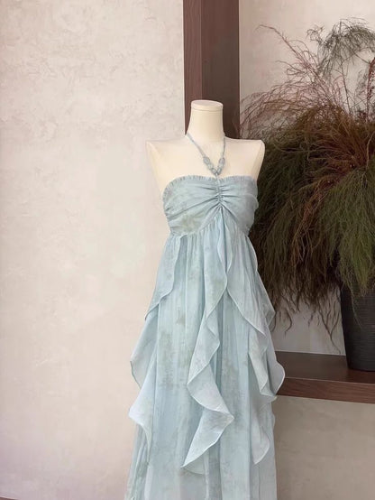 A Line Halter Ruffled Floral Chiffon Long Vacation Dresses Outfits DP1323