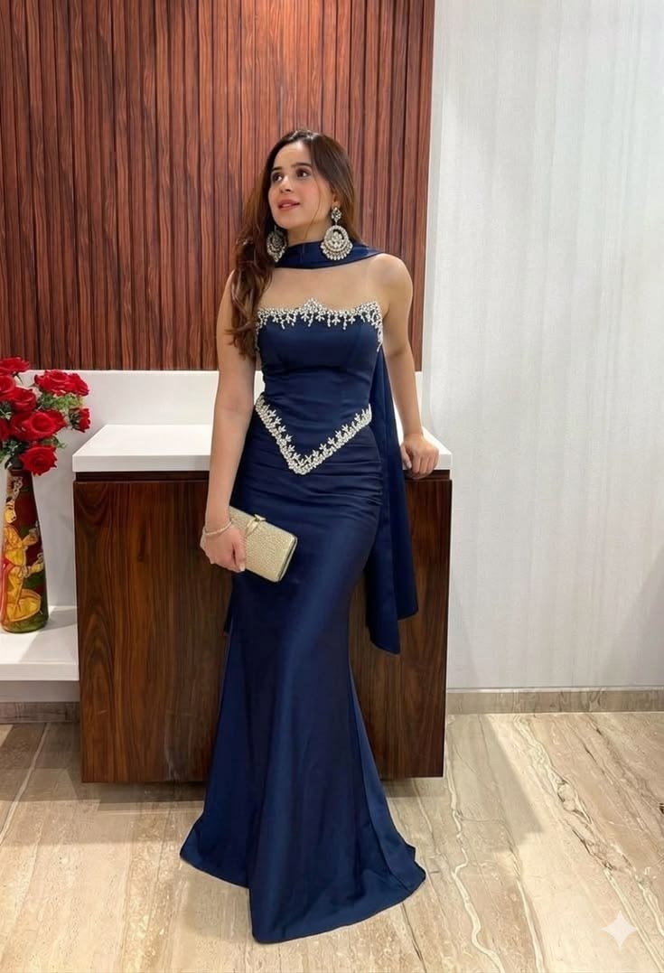 Navy Blue Mermaid Strapless Beaded Satin Prom Dress Graduation Prom Dress DP6649