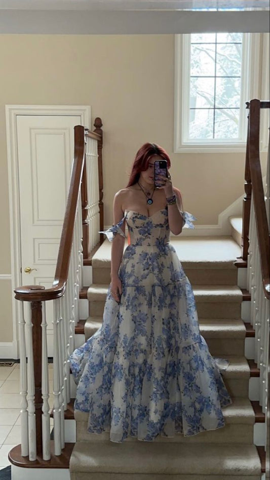 Cute Blue Print Floral A Line Strap Chiffon Prom Dress Graduation Prom Dress DP6650