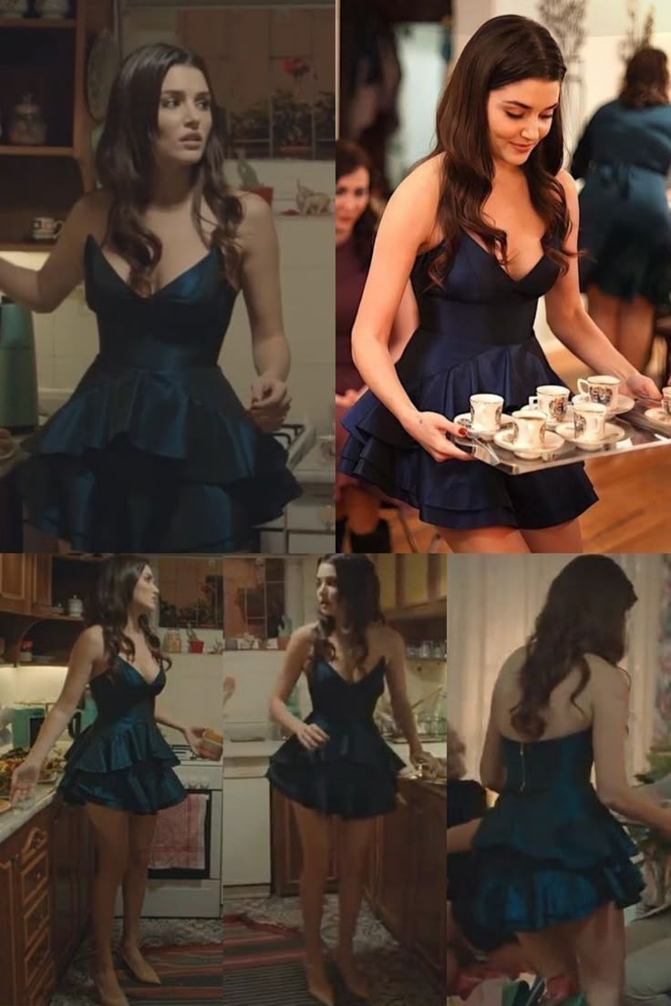Navy Blue A Line Strapless Layered Satin Short Cocktail Dress Homecoming Dress DP2874