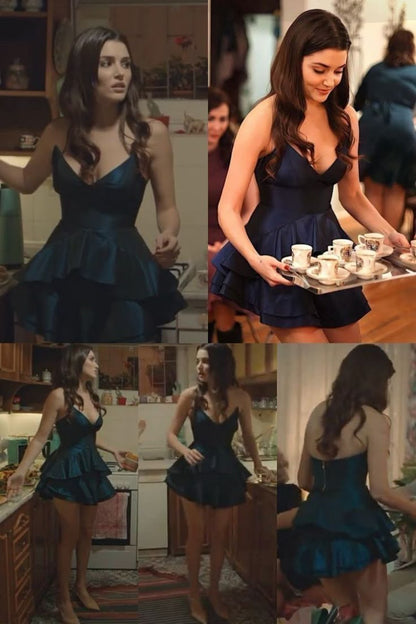 Navy Blue A Line Strapless Layered Satin Short Cocktail Dress Homecoming Dress DP2874